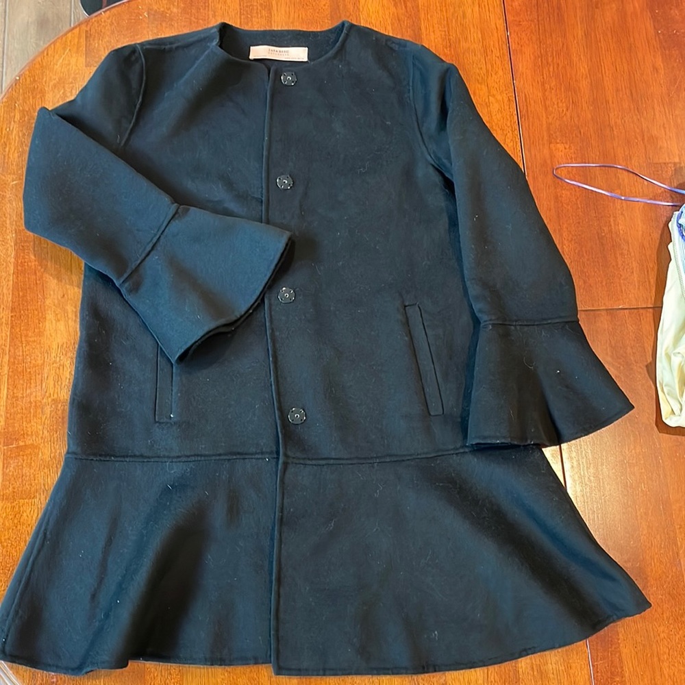 Zara Black Coat with Ruffle Sleeve and Ruffle Bottom.